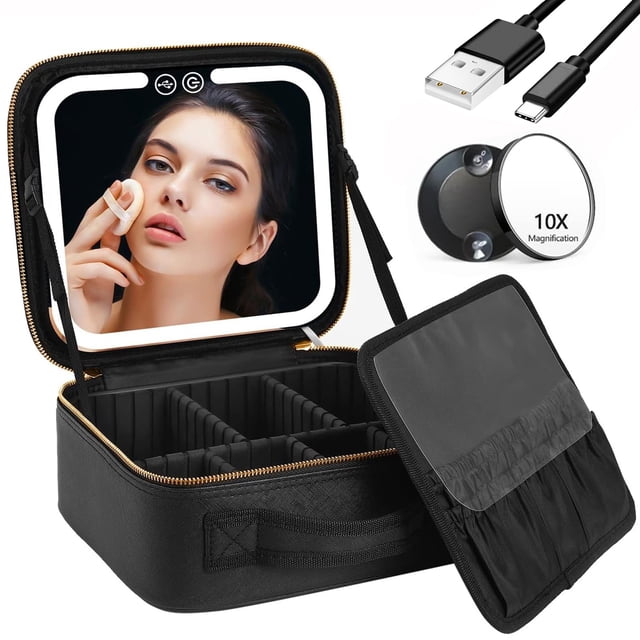 Bolsa de Maquillaje de Viaje con Iluminación LED con Espejo 3 Ajustes de Color,Caja de Maquillaje Cosmética,Caja de Cambiador Organizadora para Mujeres,Cosmetiquera de Viaje,Herr