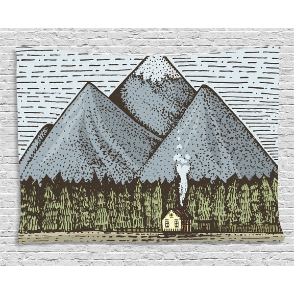 Mountain Tapestry, Sketchy Art of Mountain Range with a Small Country House Vintage Look, Wall Hanging for Bedroom Living Room Dorm Decor, 60W X 40L Inches, Slate Blue Green Taupe, by Ambesonne
