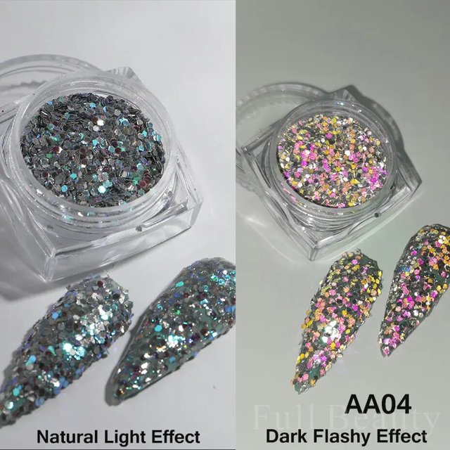 caja de polvo de uñas de diamante brillante, láser plateado, brillo reflectante, lentejuelas, polvo de inmersión para decoración de uñas, polvo holográfico NFSZF