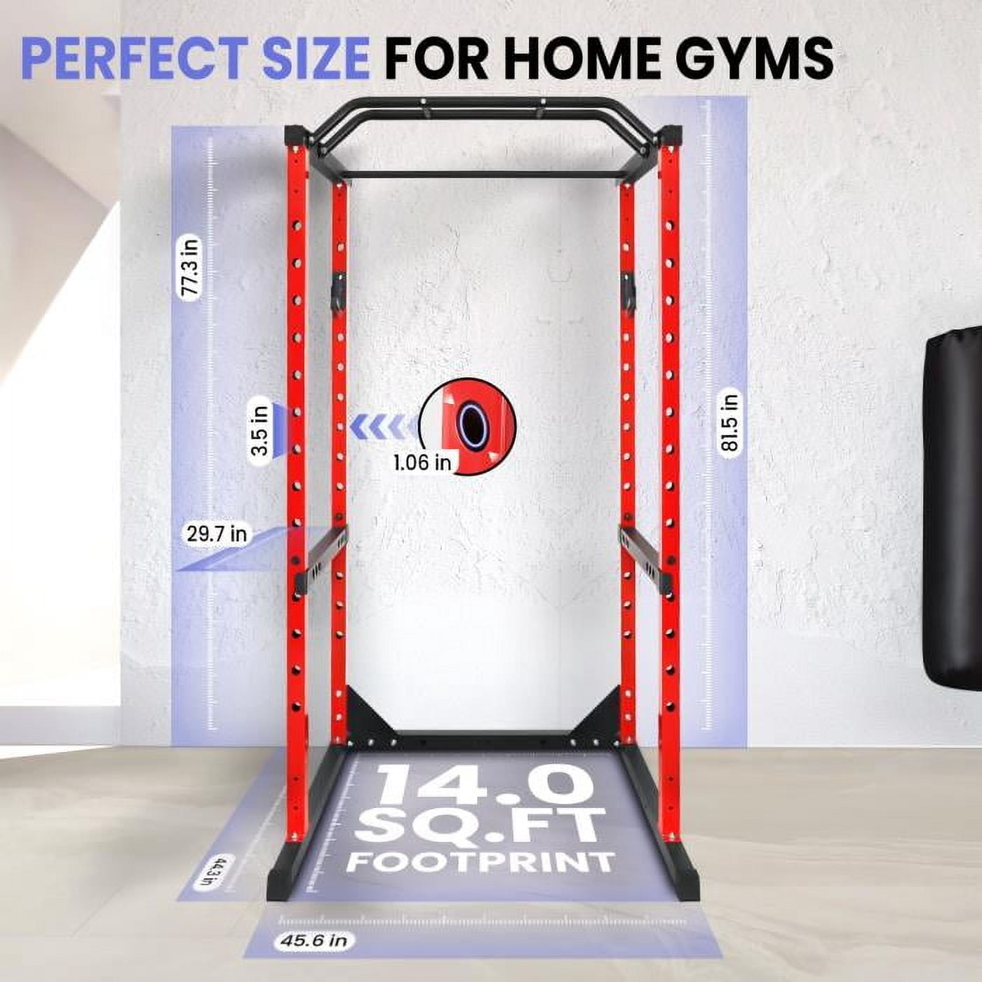 Red Adjustable Power Cage, 1200 LBS Capacity Multi-Functional Squat Rack with 14 Holes, Anti-Slip Base and Training Attachments for Home Fitness Training