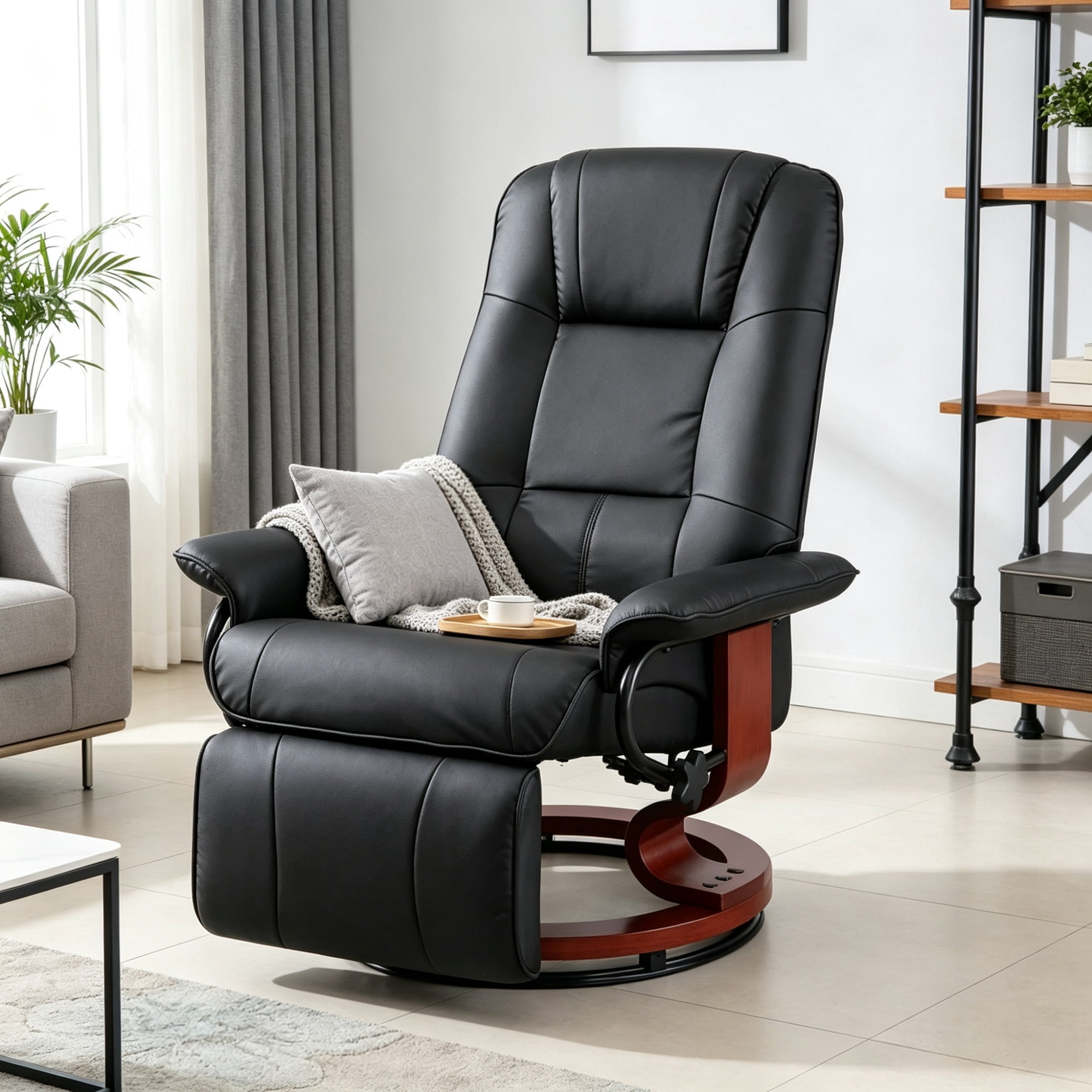 Black Manual Swivel Faux Leather Lounge Chair with Footrest and Armrest