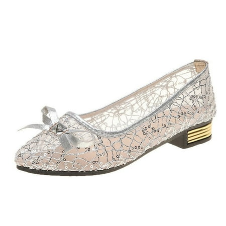 Entyinea Women s Comfort Leather Loafers Comfortable Closed Round Toe Ballet Flats Dress Shoes in Casual Formal Wedding Dancing Silver 6.5