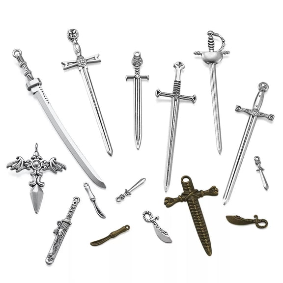 U8MO 32pcs Mixed Tibetan Alloy Knife Big Pendants Sword Metal Dangle Charms 23~107mm