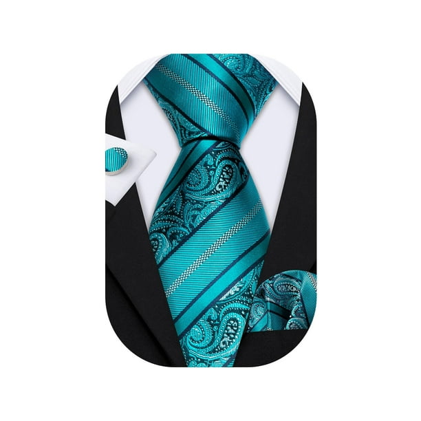 Set de Corbata Barry.Wang de Seda Verde Azulado con Pañuelo y Gemelos para Hombre