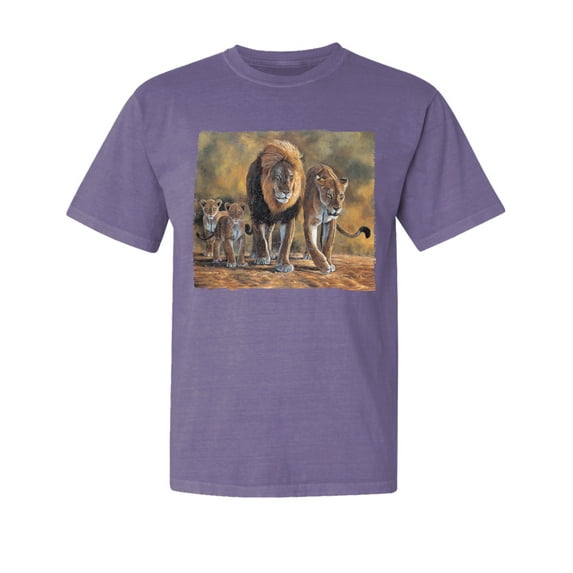Wild Bobby, Distressed African Lion Family Desert, Animal Lover, Garment-Dyed Washed Look Short Sleeve T-Shirt, Purple, 2XL