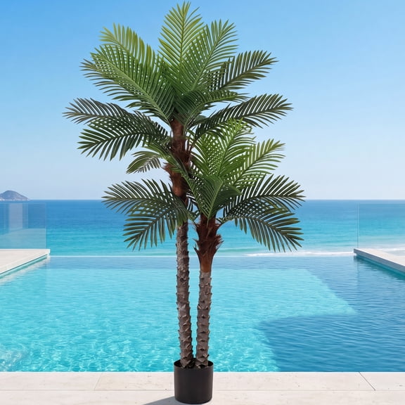 ROMSWI 8FT Artificial Palm Tree, Lifelike Potted Golden Cane Palm Tree, Tropical Faux Tree for Outdoor Indoor Home Office Living Room Decor