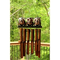 Handmade Wooden See Hear Speak No Evil Owl Bamboo Wind Chime Wood Statue Figurine Hoot Sculpture Patio Garden Outdoor Decor Handcrafted Decoration