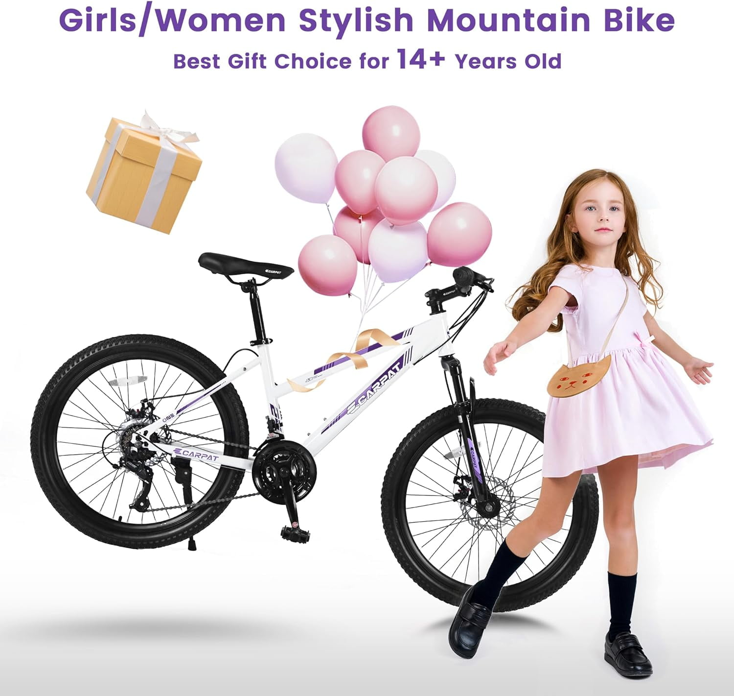 Ambifirner Womens Mountain Bike, 24 Inch 21 Speeds Hybrid Commuter Bicycle for Adults, Disc Brakes and 100mm Front Suspension White