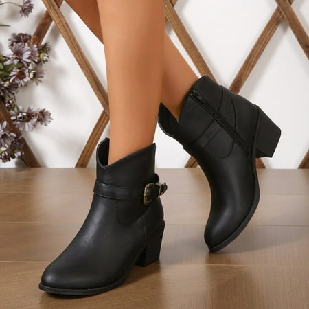 

YOUSNH Ladies Simple Solid Color Comfortable Heel Mid Cylinder Pointed Plus Size Western Boots Ankle Boots Women Boots Black 8
