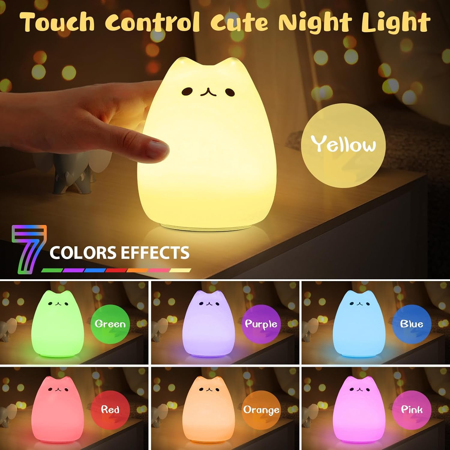 Yosoo Children Night Light, Cute Cat Lamp Soft Silicone Sensitive Tap Control Decompression Toy