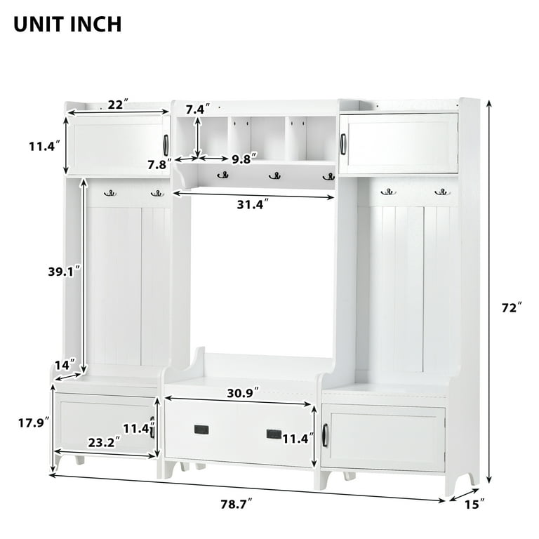 EUROCO 70 Hall Tree Entryway Storage Bench Coat Rack with 6 Hooks &  Adjustable Shelves(Cream White) 