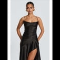 thumbnail image 4 of Vestido de Cóctel para Mujer, Ajustado, Informal, , con Escote en V, Sin Mangas, de Satén, con Volantes en el Bajo y Espalda Descubierta. Negro L, 4 of 10