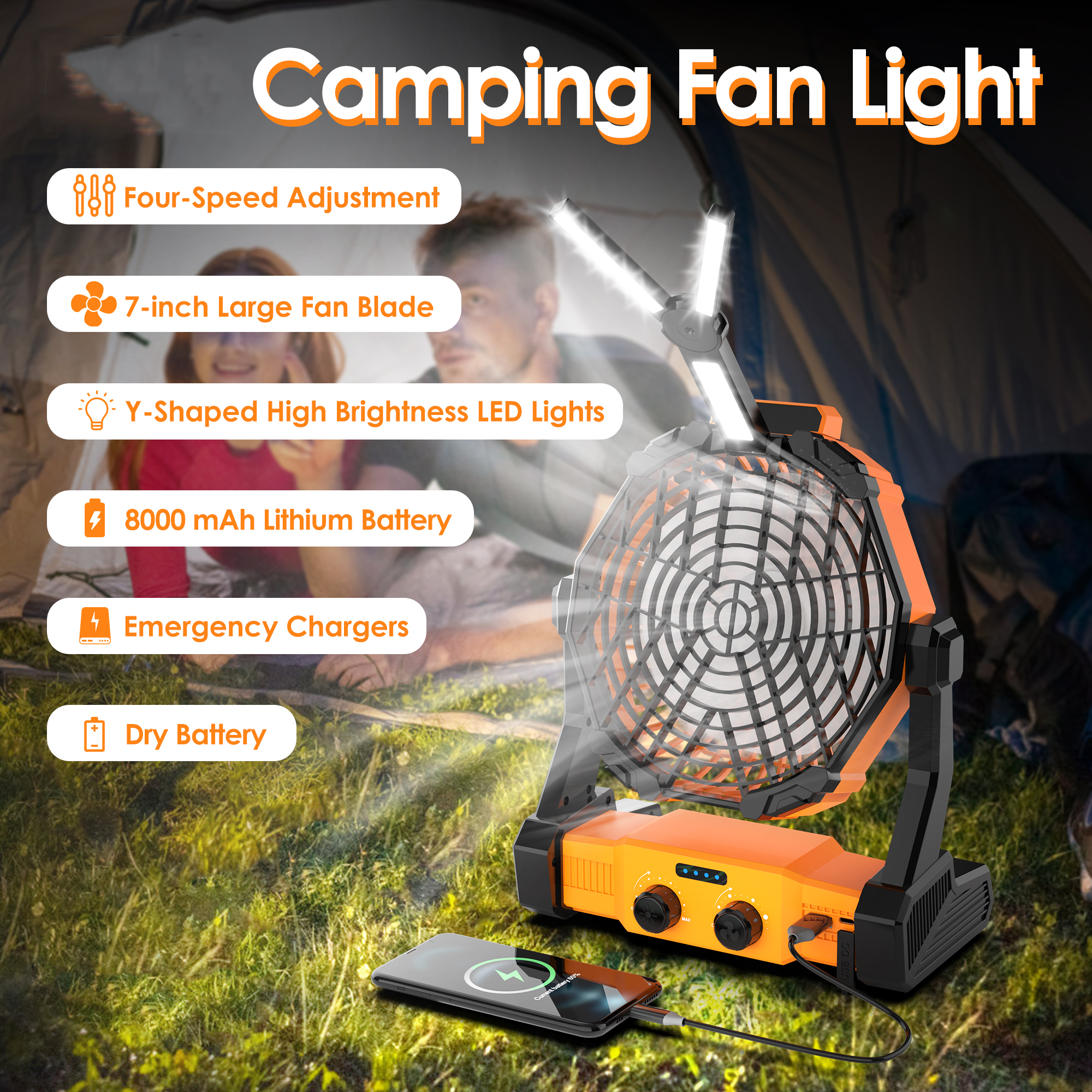 Uarter 7-Inch 4-Speed Portable Rechargeable Camping Fan