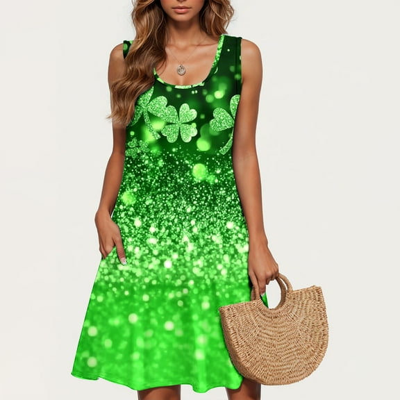 Kmdttou Women Summer Casual Short Sleeve Dresses St. Patrick's Day Casual Plus-size Sleeveless Crew Neck Short Dress with Pockets (Size:S-2XL)
