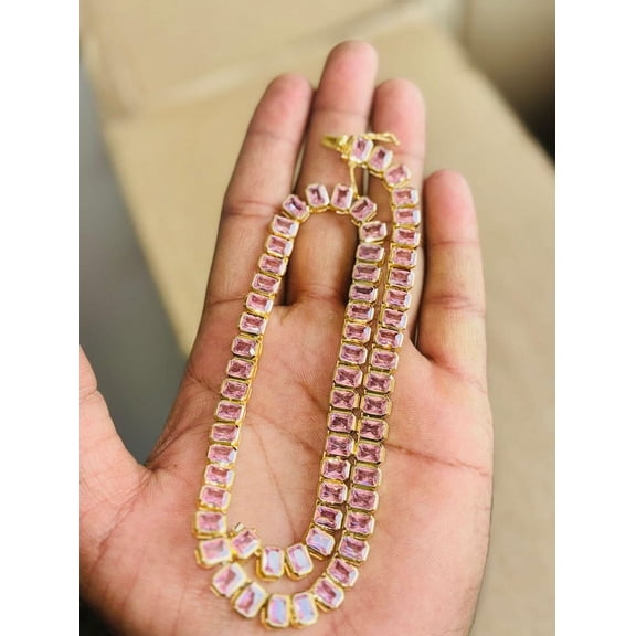 925 Emerald cut Pink Sapphire bezel set tennis necklace gold Plated, emerald cut Sapphire tennis necklace gold, tennis necklace gold Plated