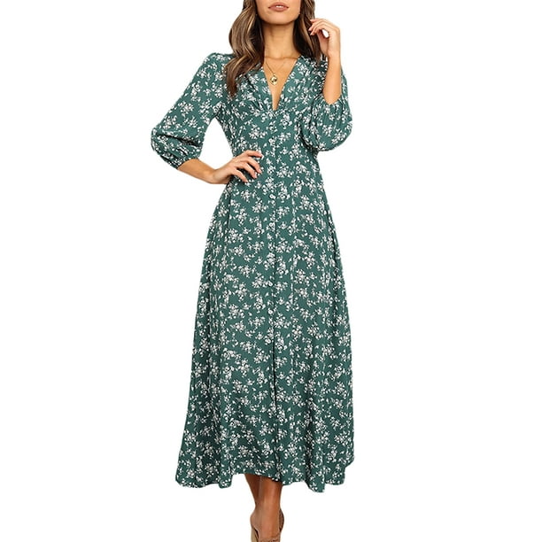 Vestido largo elegante con mangas 3/4 para mujer, estampado floral, cuello en V, informal, cintura alta, estilo bohemio