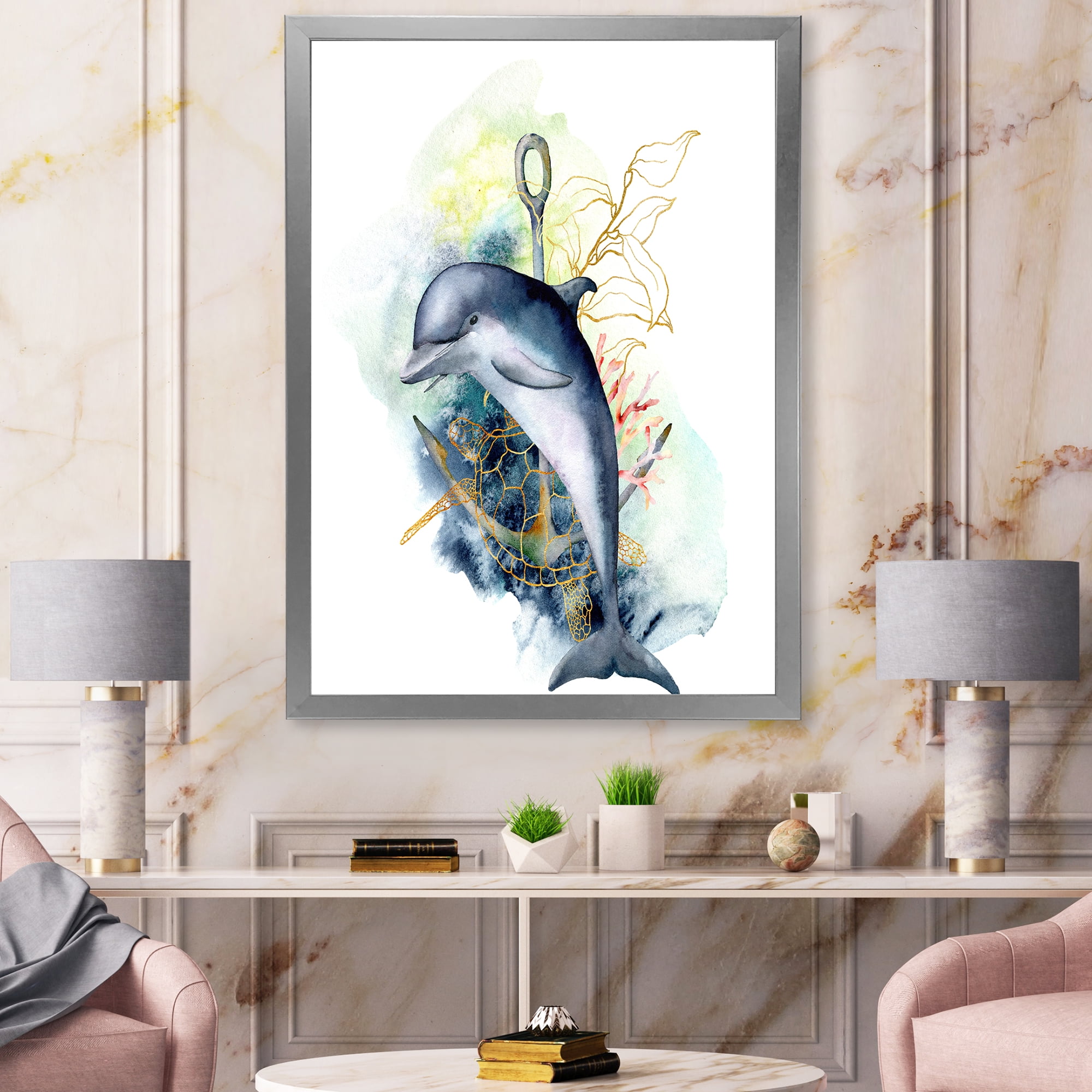 Designart 'Linear Coral Reef Plants and Dolphin Turtle Anchor' Nautical & Coastal Framed Art Print