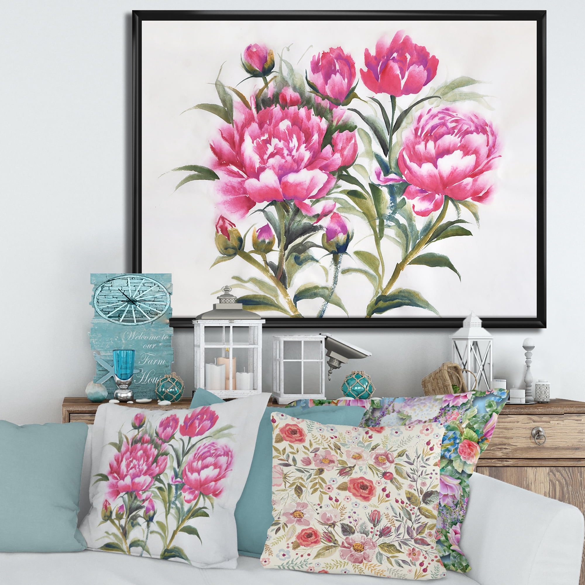 Designart 'Purple Peonies Flowers' Traditional Framed Canvas Wall Art Print