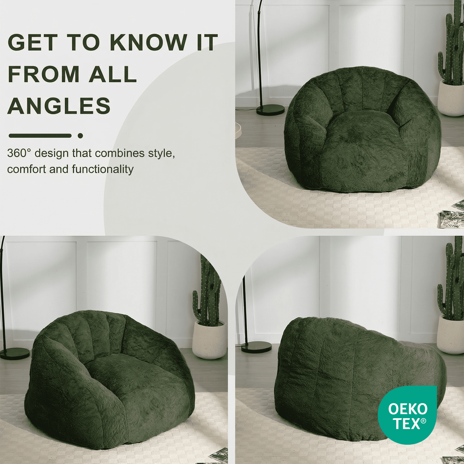 Ebenchico 3.9ft Bean Bag Chair for Adults Teens Kids, Shell Shape Faux Fur Beanbag Chairs, Memory Foam Filled Floor Chair for Reading, Gaming, Relaxing, Green