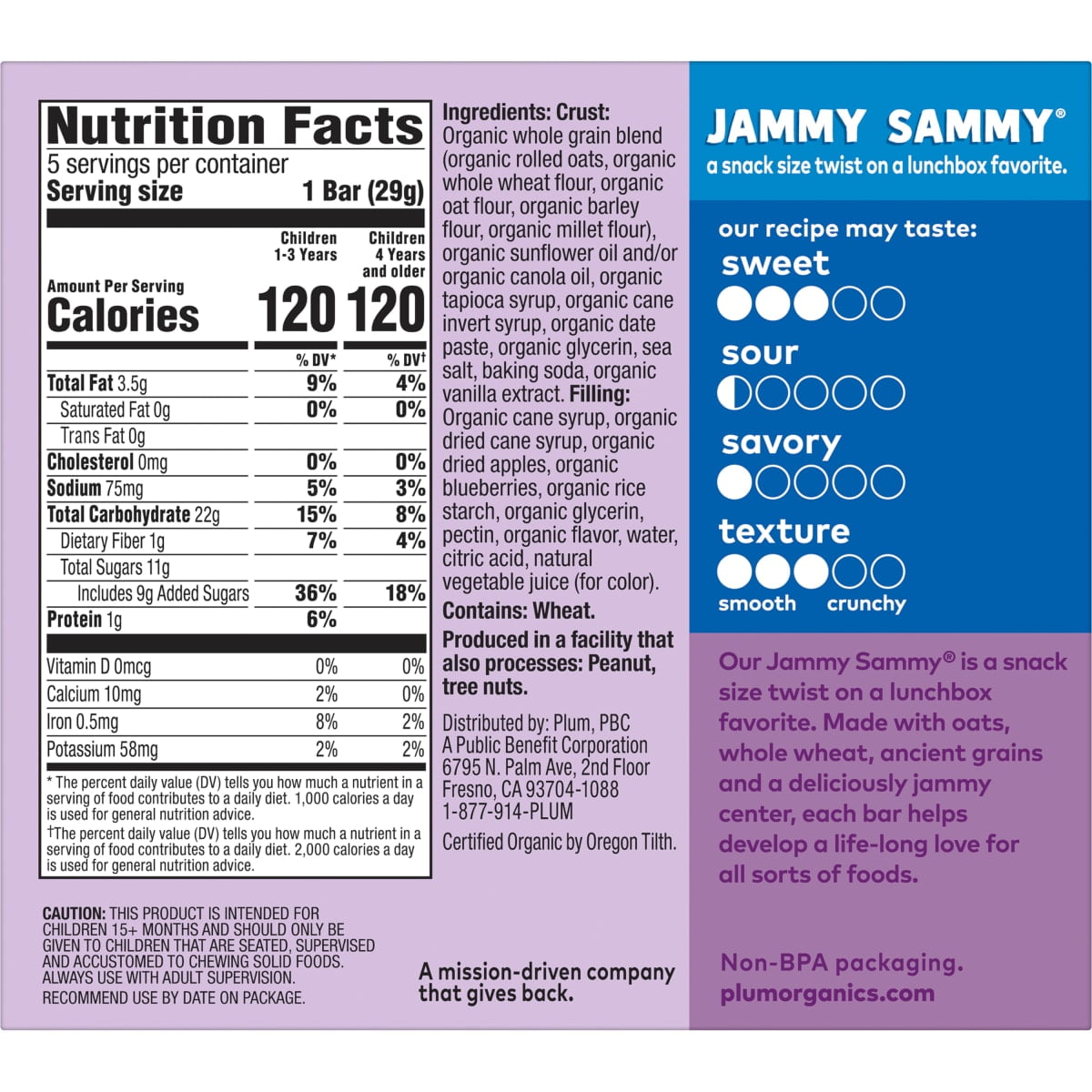 Plum Organics Jammy Sammy Snack Bars, Blueberry and Oatmeal, 1.02 oz Bars, 5 Count, 6 Pack