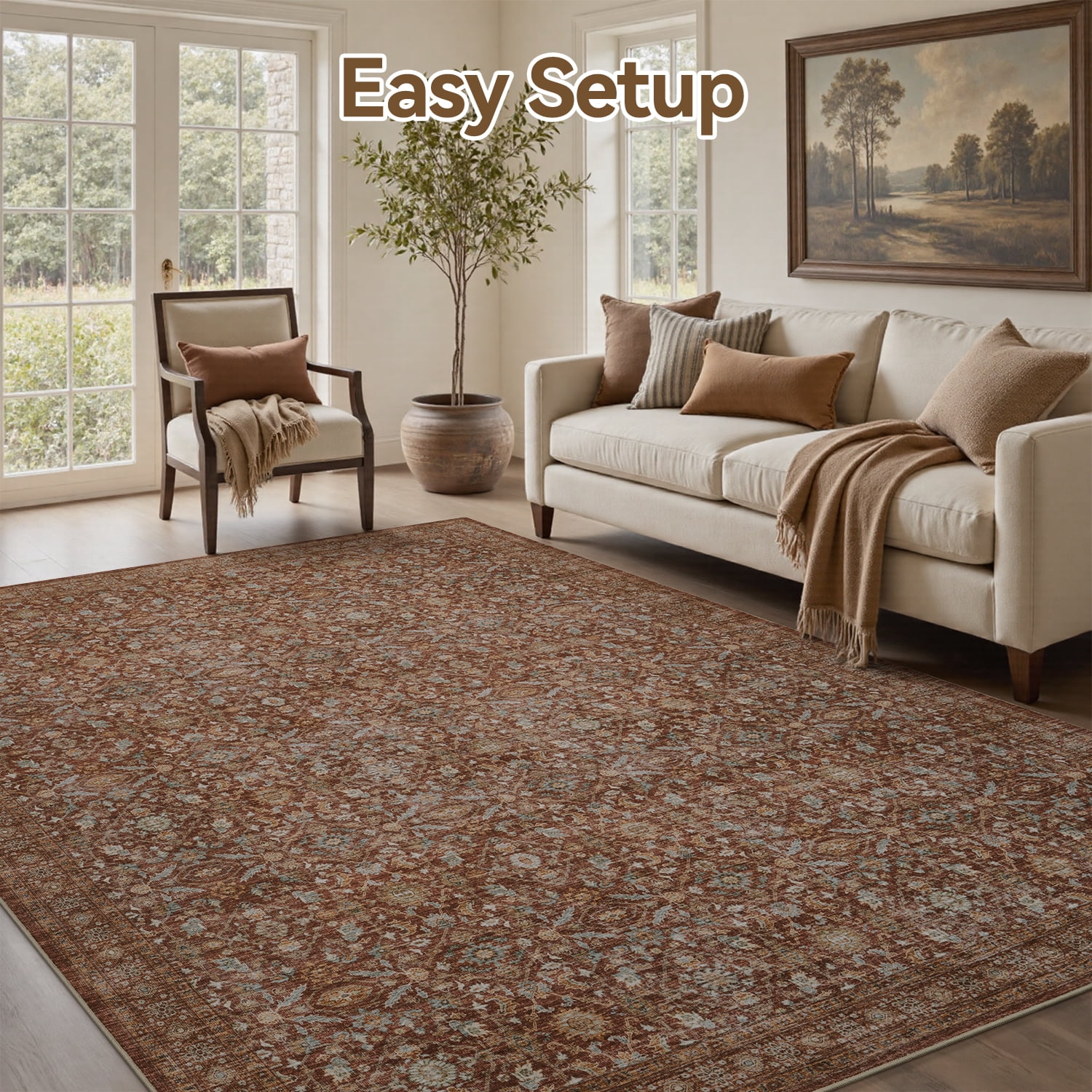 SIXHOME 5'x7' Vintage Distressed Area Rug Soft Washable Non-Slip Carpet American Classic Retro Rug with Geometric Rugs for Living Room Bedroom Neutral Home Decor Red