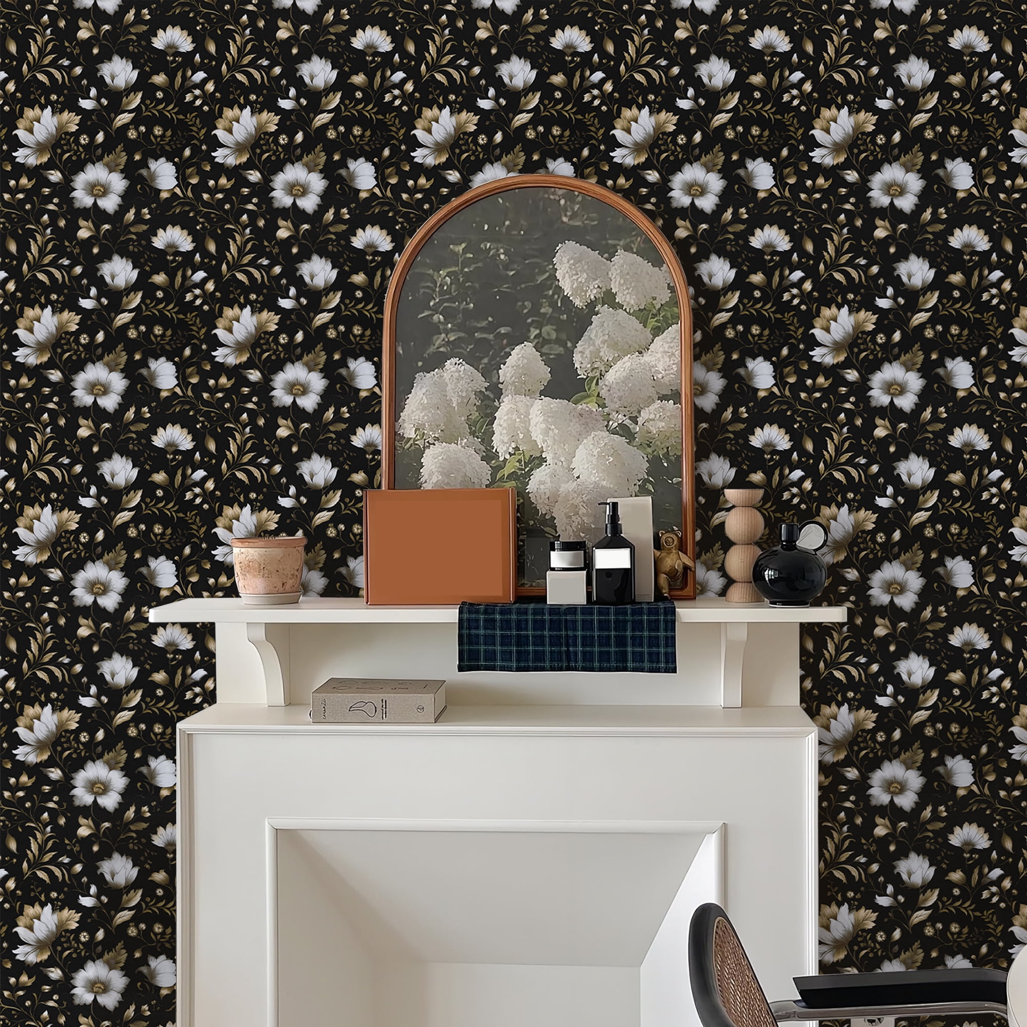 Abyssaly Black Gold Floral Wallpaper, 17.3" x 393" Peel and Stick Wallpaper Self-Adhesive Removable Contact Paper for Home Decoration