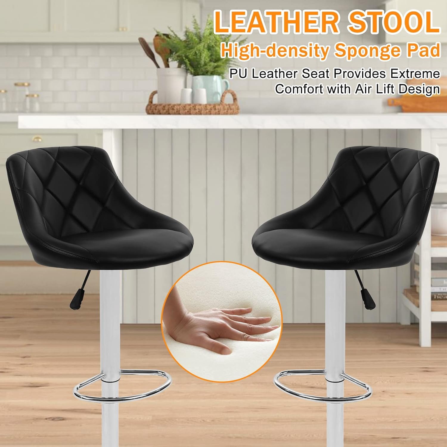 Modern Bar Stools Set of 2 Counter Height Adjustable Bar Chairs with Back and Chrome Base PU Leather Barstools Island Chairs for Kitchen Living Room Pub Swivel Bar Stools (Black)