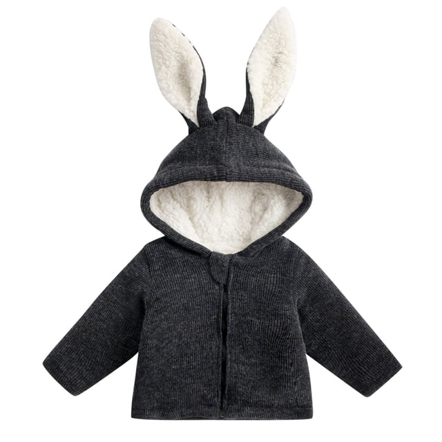 WEIYLL Boy's Tops Kids Baby Long Sleeve Solid Ribbed Cute Rabbit Ear Hooded Thick Dark Gray Outwear Jackets for 6-12 Months