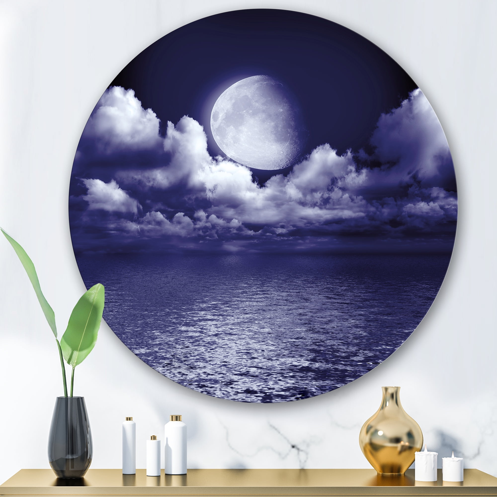 Designart 'Full Moon Night in Cloudy Sky V' Nautical & Coastal Circle Metal Wall Art 29x29 - Disc of 29