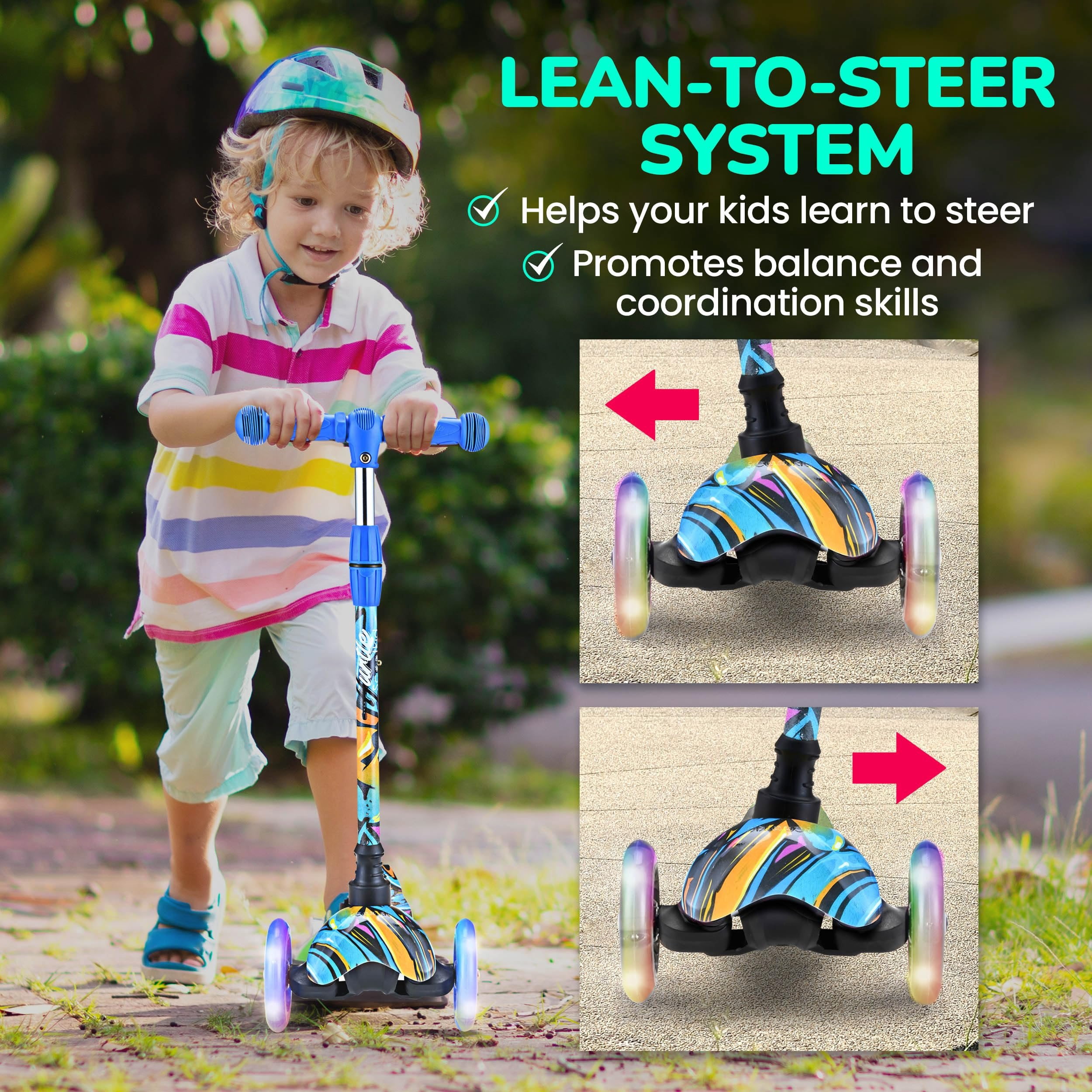 Hurtle Mini Kickboard Scooter for Kids  Height Adjustable 25-28 Inches, 3-Wheel Toddler Micro Scooter with LED Light-up Wheels, Lightweight Riding Toy, Non-Slip, Indoor/Outdoor Fun, Ages 2-5 Black