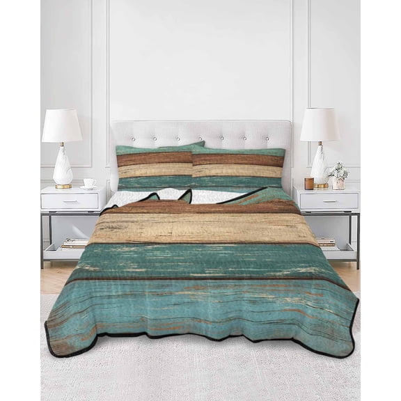 Quilts Twin XL Size, Teal Turquoise Wooden Soft Comforter Bedding Set for Bed, Rustic Retro Farmhouse Western Country Lightweight Quilted Bedspread with Pillow Cover(2 Pieces), 68x98 Inch