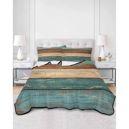 Quilts Twin Size Teal Turquoise Wooden Soft Comforter Bedding Set for Bed Rustic Retro Farmhouse Western Country Lightweight Quilted Bedspread with Pillow Cover(2 Pieces) for All Season 68x86 Inch