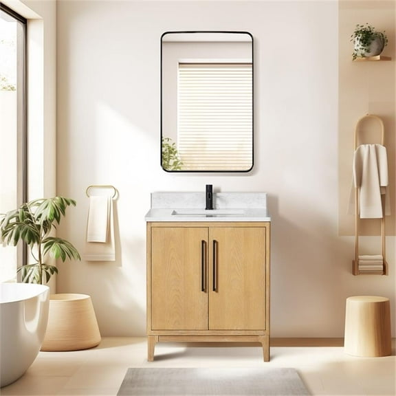 Gara 30" Single Bath Vanity in Washed Ash Grey w/ White Grain Composite & Mirror
