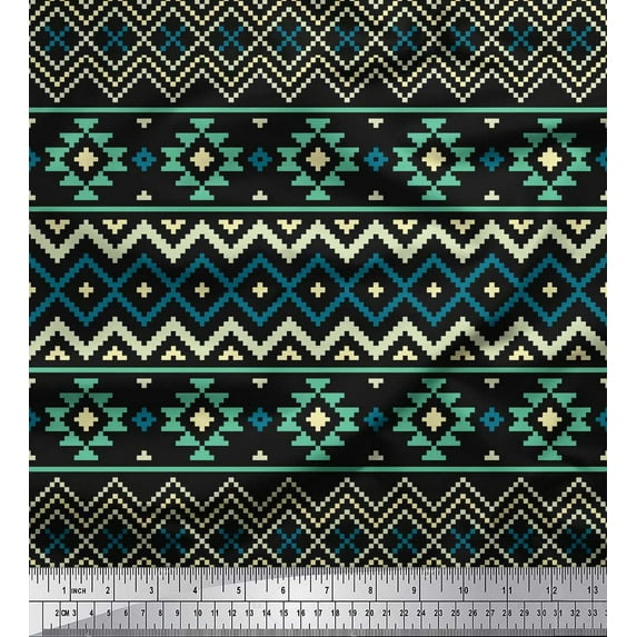 Soimoi Black Heavy Satin Fabric Geometric Ikat Print Fabric by Yard 54 Inch Wide