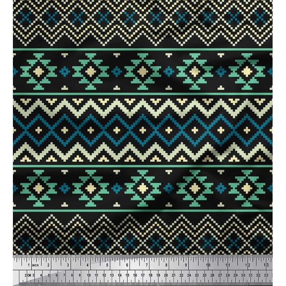Soimoi Black Cotton Duck Fabric Geometric Ikat Printed Craft Fabric by the Yard 42 Inch Wide