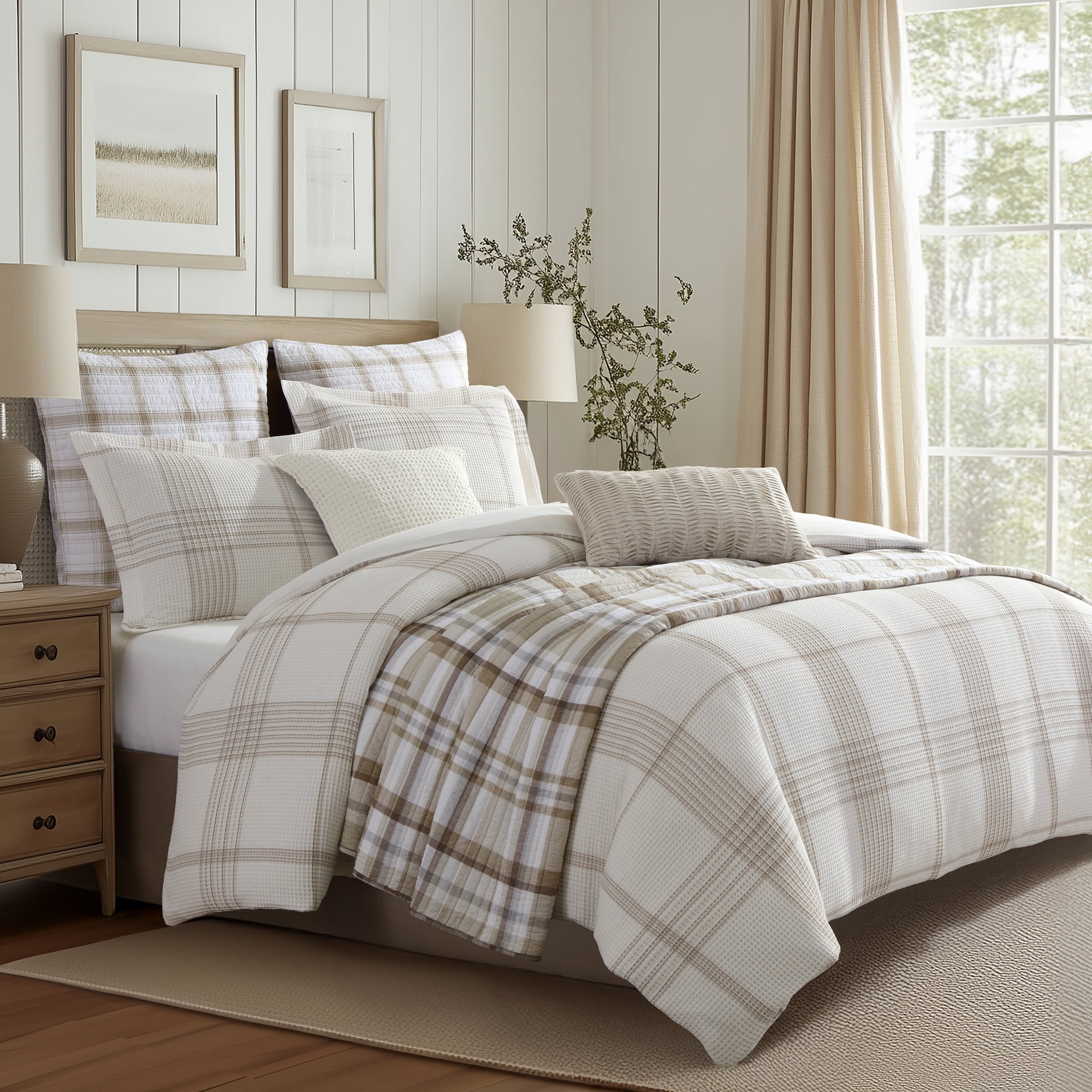 Levtex Home - Waffle Plaid Duvet Cover Set - Full/Queen Duvet (90x94in.) and 2 Standard Shams (20x26in) - Plaid Waffle - Cream/Taupe - Reversible - Cotton