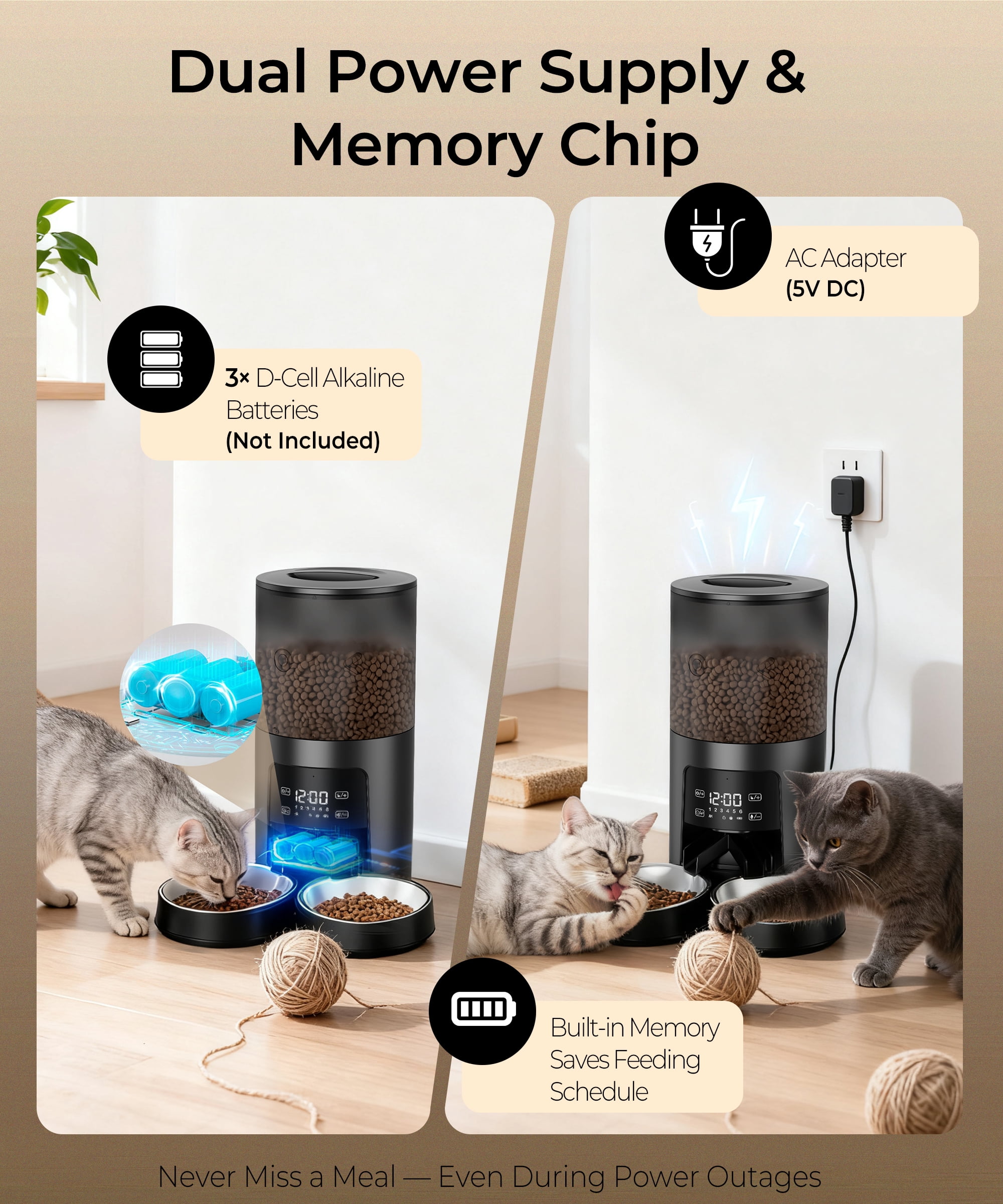 Tolobeve Automatic Cat Feeder for 2 Cats, 2-Way Splitter Timed Cat Dry Food Dispenser with 2 Bowls