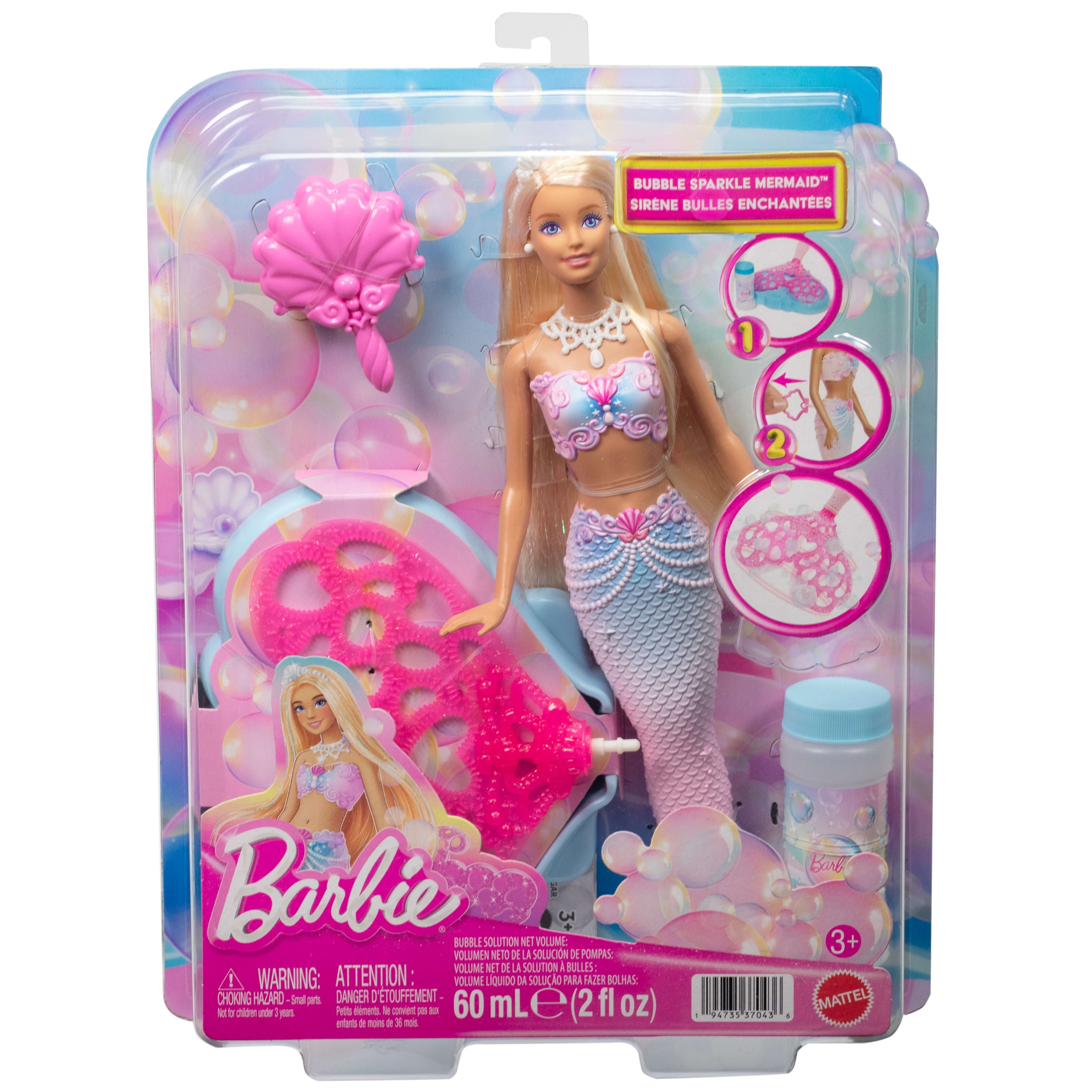 Barbie Bubble Sparkle Mermaid Doll with Bubble-Making Feature, Includes Bubble Solution & Hairbrush