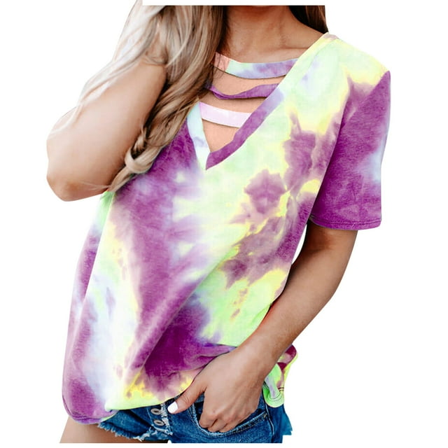 Birdeem Womens Plus Size Tie Dyed Printed Short Sleeved V-Neck Top/Shirt