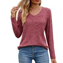 Baqcunre Plus Size Tops For Women Women'S Long Sleeve T Shirt Fashion V Neck Tops Solid Color Casual Blouses Fall Outfits For Women Womens Fashion Wine XL