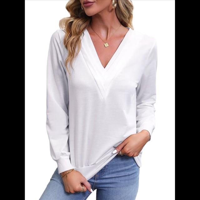 Camisetas de Larga para Mujer, Camisetas Informales con Cuello en V, Cómodas, Básicas y Suaves L