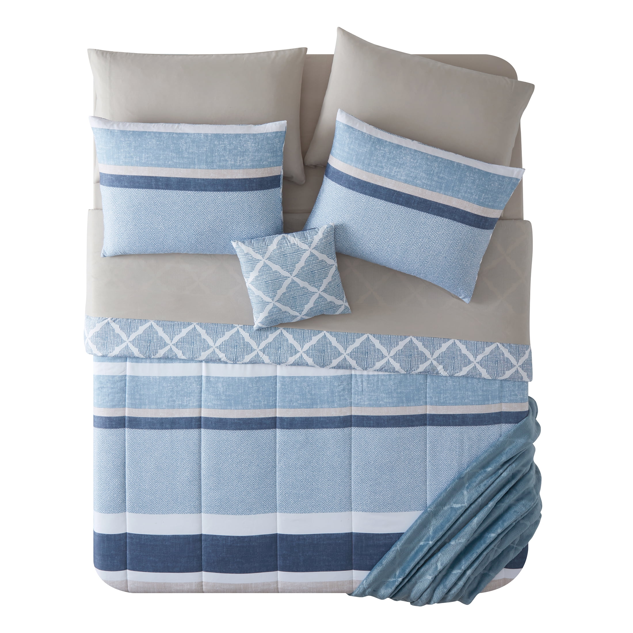 VCNY Home Stripe 9-Piece Blue/White Striped Polyester Bed in a Bag, Full