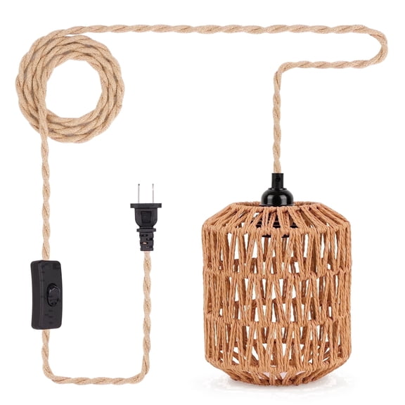 FRIDEKO 6" Bohemia Plug in Pendant Light Fixture, Woven String Hanging Light with 15ft Hemp Rope On/Off Switch, E26 Farmhouse Pendant Light for Living Room (Without Bulb)