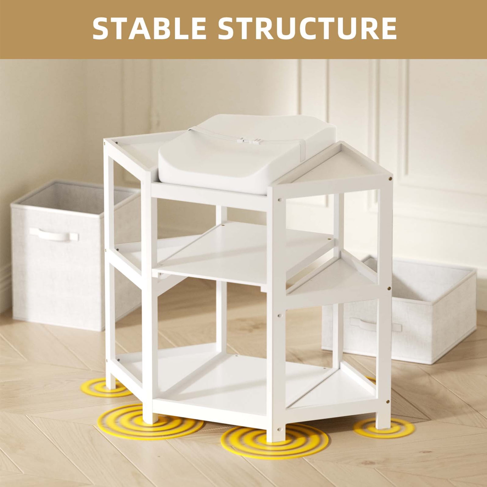 KORIMEFA Children Changing Table with Pad, Corner Diaper Changing Table with Laundry Hamper, Storage Bin, Contoured Pad for Baby - White