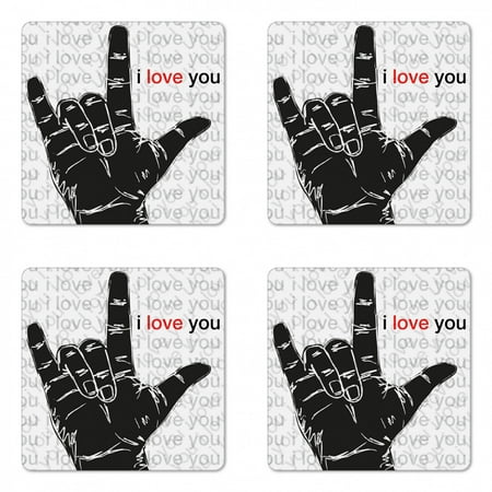 

Romantic Coaster Set of 4 I Love You Message Hand Symbolic Gestures Rock N Roll Feelings Square Hardboard Gloss Coasters Standard Size Charcoal Grey and Vermilion by Ambesonne