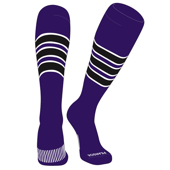 PEAR SOX Striped OTC Baseball, Softball, Football Socks (C) Purple, White, Black (XS)