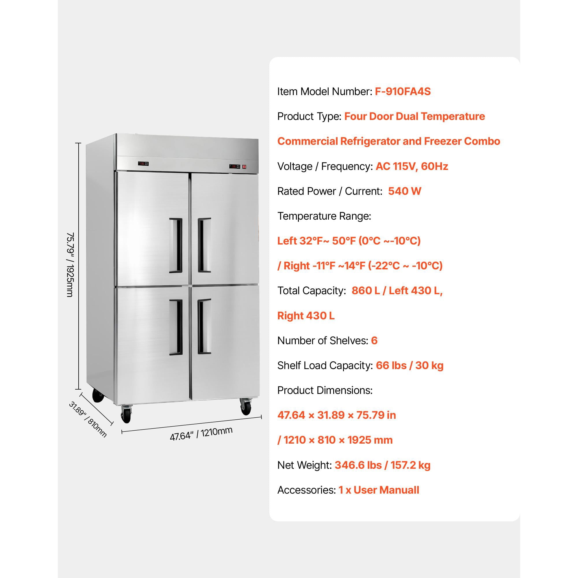 KFFKFF Commercial Refrigerator and Freezer Combo, Upright Unit, Stainless Steel