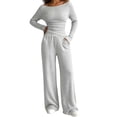 thumbnail image 2 of Women's One Shoulder Pit Knitted Set - Long Sleeve Slimming Top, High Waist Wide Leg Pants, Casual Two Piece Set Gray S, 2 of 6