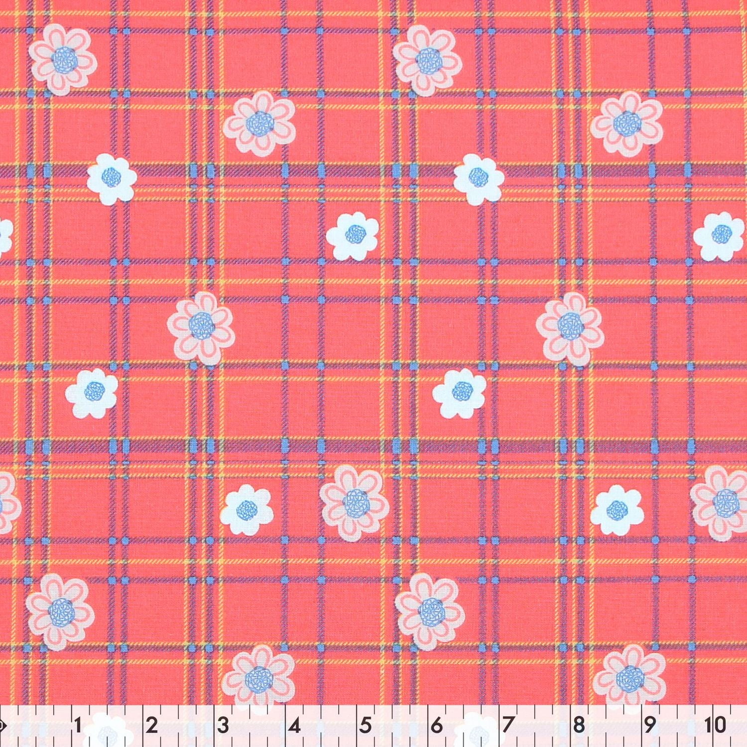 Fabric Creations Coral with Blue Plaid and Daisies Cotton Fabric by the Metre