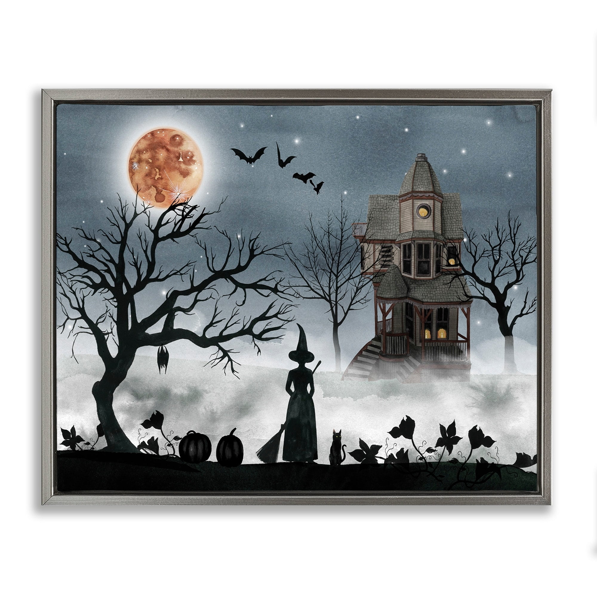 Stupell Industries Halloween Witch Silhouette in Full Moon Haunted House Scene Luster Gray Framed Floating Canvas Wall Art, 16x20, by Grace Popp